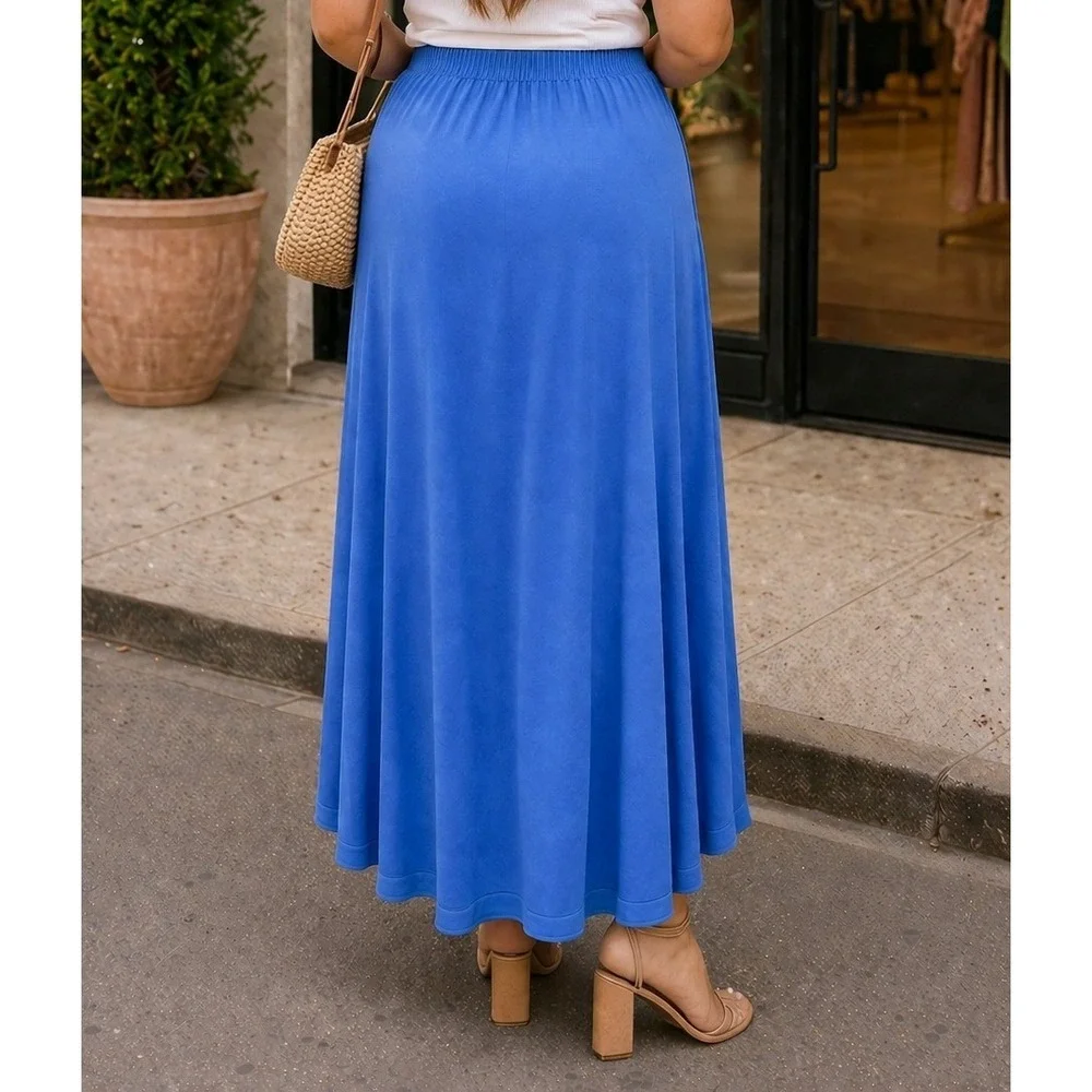 Blue High Low Tulip Hem‎ Maxi Skirt Elastic Waist Faux Wrap Drape Skirt